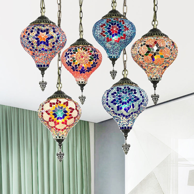 1/6 Bulbs Coffee House Suspension Pendant Tradition Bronze Hanging Light Kit with Droplet Colorful Glass Shade Clearhalo 'Ceiling Lights' 'Glass shade' 'Glass' 'Pendant Lights' 'Pendants' Lighting' 247722