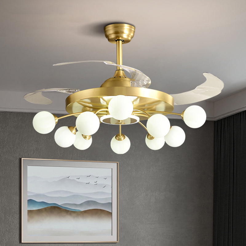 Ivory Glass Molecule Hanging Fan Lamp Postmodern Style Brass Semi Mount Lighting with Remote, 3 Blades Clearhalo 'Ceiling Fans with Lights' 'Ceiling Fans' 'Modern Ceiling Fans' 'Modern' Lighting' 2477421