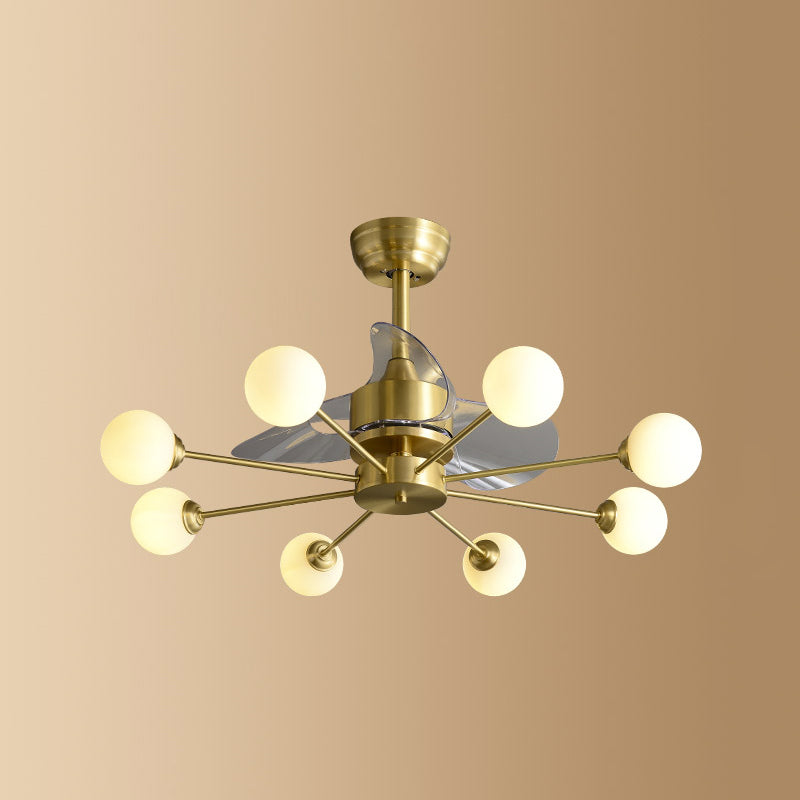 Ivory Glass Molecule Hanging Fan Lamp Postmodern Style Brass Semi Mount Lighting with Remote, 3 Blades 8.0 Brass Remote Clearhalo 'Ceiling Fans with Lights' 'Ceiling Fans' 'Modern Ceiling Fans' 'Modern' Lighting' 2477422