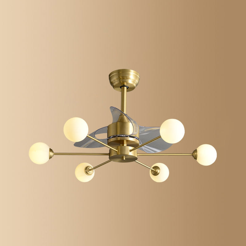 Ivory Glass Molecule Hanging Fan Lamp Postmodern Style Brass Semi Mount Lighting with Remote, 3 Blades 6.0 Brass Remote Clearhalo 'Ceiling Fans with Lights' 'Ceiling Fans' 'Modern Ceiling Fans' 'Modern' Lighting' 2477423