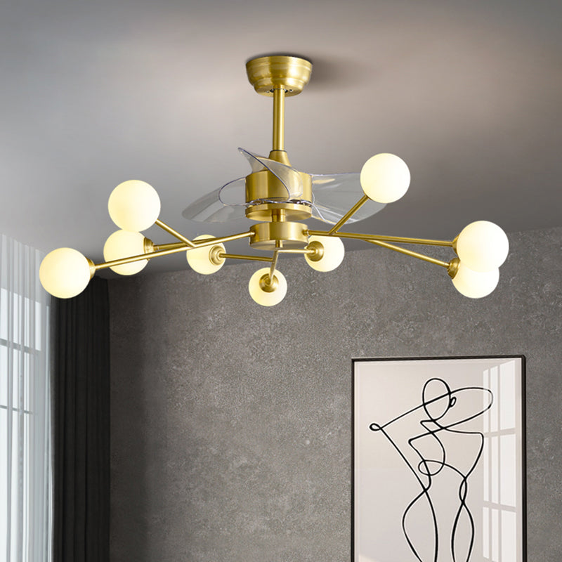 Ivory Glass Molecule Hanging Fan Lamp Postmodern Style Brass Semi Mount Lighting with Remote, 3 Blades Clearhalo 'Ceiling Fans with Lights' 'Ceiling Fans' 'Modern Ceiling Fans' 'Modern' Lighting' 2477424