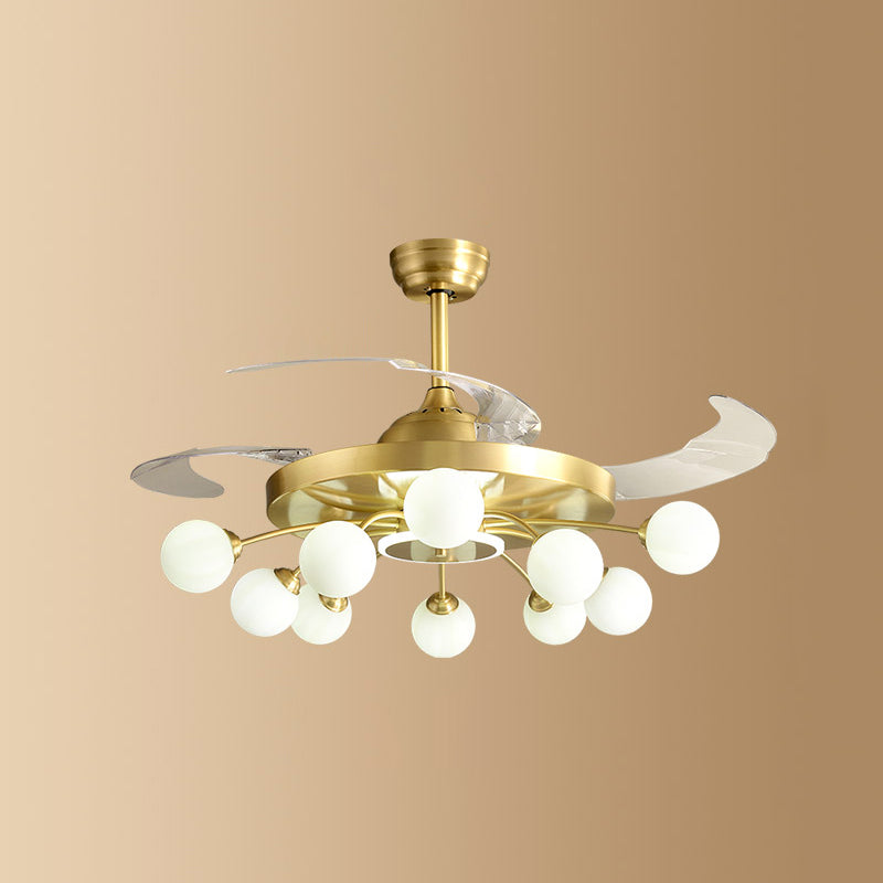 Ivory Glass Molecule Hanging Fan Lamp Postmodern Style Brass Semi Mount Lighting with Remote, 3 Blades 12.0 Brass Remote Clearhalo 'Ceiling Fans with Lights' 'Ceiling Fans' 'Modern Ceiling Fans' 'Modern' Lighting' 2477425