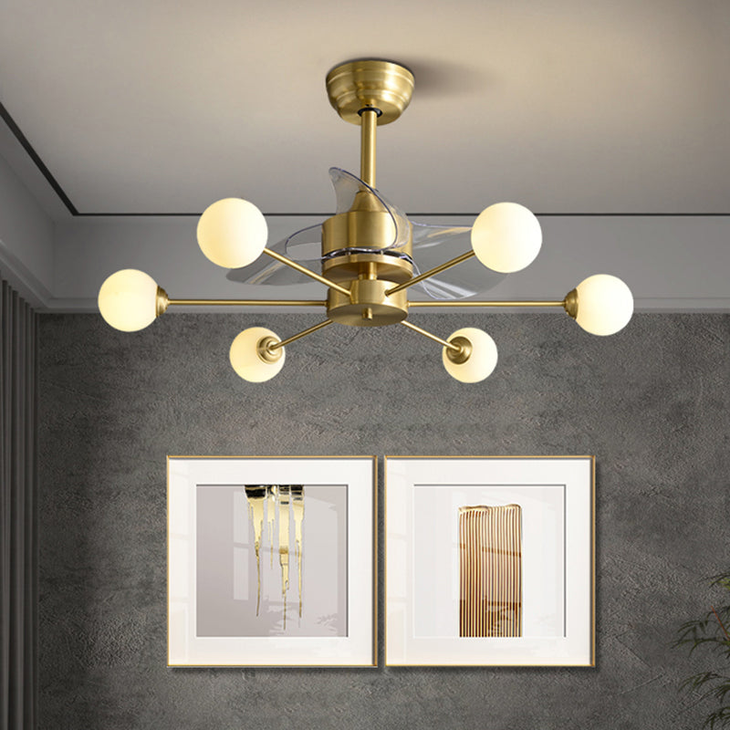 Ivory Glass Molecule Hanging Fan Lamp Postmodern Style Brass Semi Mount Lighting with Remote, 3 Blades Clearhalo 'Ceiling Fans with Lights' 'Ceiling Fans' 'Modern Ceiling Fans' 'Modern' Lighting' 2477426