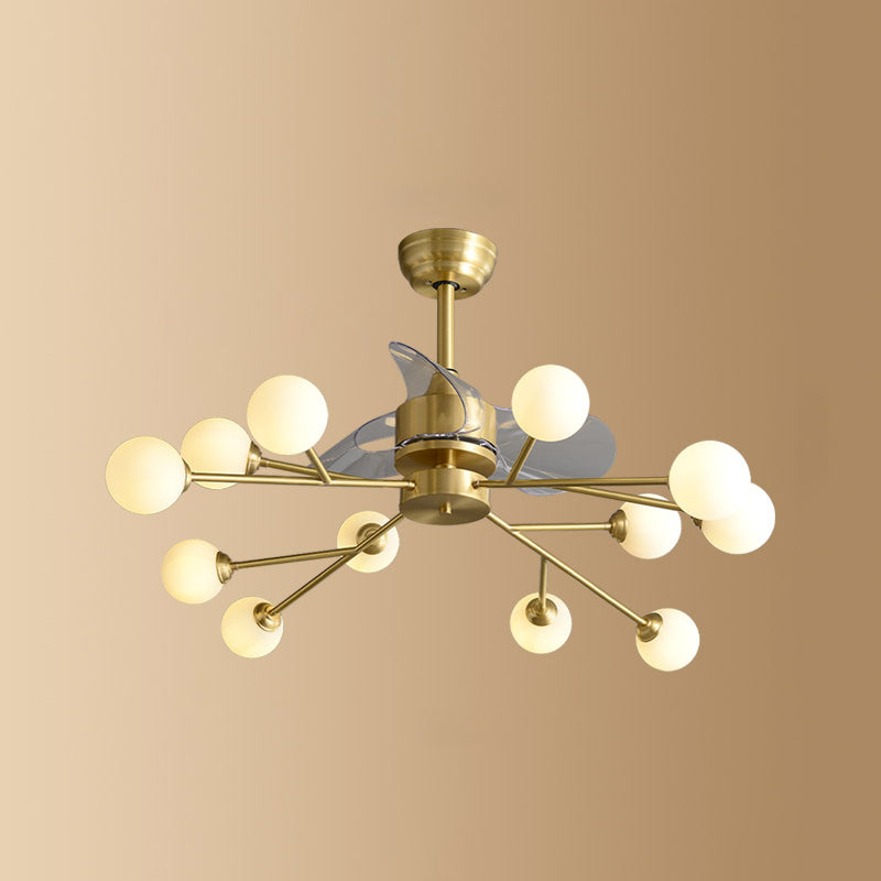 Ivory Glass Molecule Hanging Fan Lamp Postmodern Style Brass Semi Mount Lighting with Remote, 3 Blades 10.0 Brass Remote Clearhalo 'Ceiling Fans with Lights' 'Ceiling Fans' 'Modern Ceiling Fans' 'Modern' Lighting' 2477427
