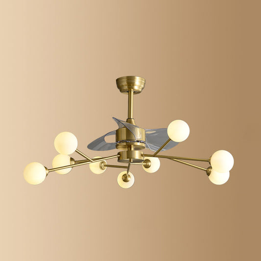 Ivory Glass Molecule Hanging Fan Lamp Postmodern Style Brass Semi Mount Lighting with Remote, 3 Blades 9.0 Brass Remote Clearhalo 'Ceiling Fans with Lights' 'Ceiling Fans' 'Modern Ceiling Fans' 'Modern' Lighting' 2477429