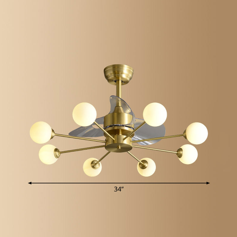Ivory Glass Molecule Hanging Fan Lamp Postmodern Style Brass Semi Mount Lighting with Remote, 3 Blades Clearhalo 'Ceiling Fans with Lights' 'Ceiling Fans' 'Modern Ceiling Fans' 'Modern' Lighting' 2477431