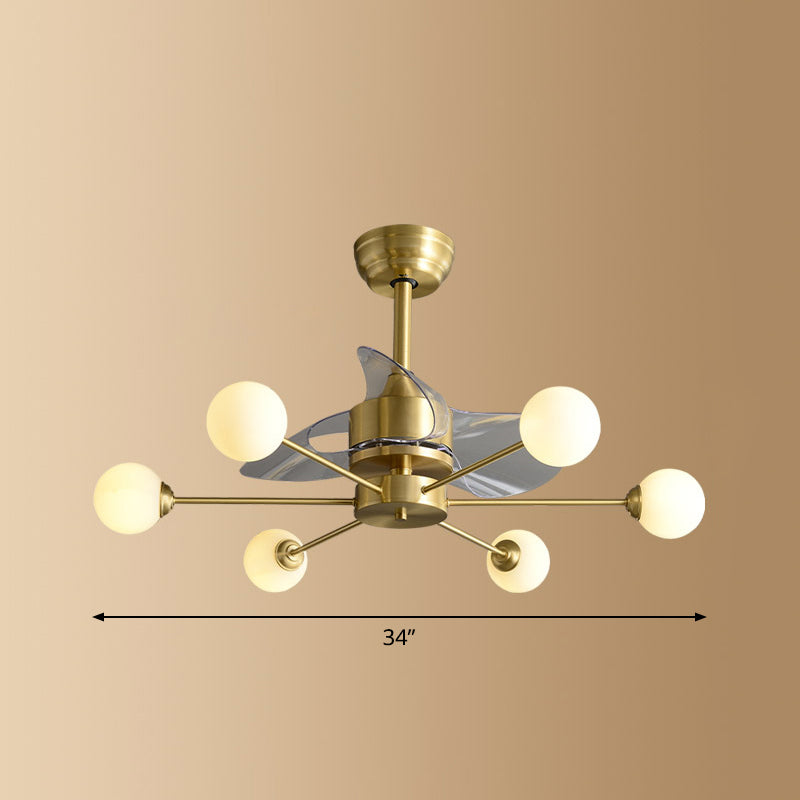 Ivory Glass Molecule Hanging Fan Lamp Postmodern Style Brass Semi Mount Lighting with Remote, 3 Blades Clearhalo 'Ceiling Fans with Lights' 'Ceiling Fans' 'Modern Ceiling Fans' 'Modern' Lighting' 2477432