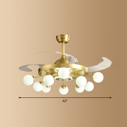 Ivory Glass Molecule Hanging Fan Lamp Postmodern Style Brass Semi Mount Lighting with Remote, 3 Blades Clearhalo 'Ceiling Fans with Lights' 'Ceiling Fans' 'Modern Ceiling Fans' 'Modern' Lighting' 2477433