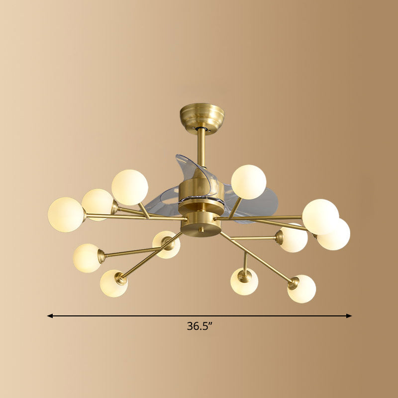 Ivory Glass Molecule Hanging Fan Lamp Postmodern Style Brass Semi Mount Lighting with Remote, 3 Blades Clearhalo 'Ceiling Fans with Lights' 'Ceiling Fans' 'Modern Ceiling Fans' 'Modern' Lighting' 2477434