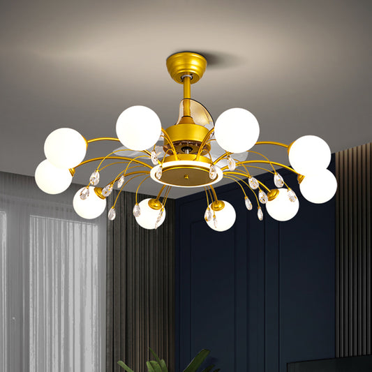 3 Blades Ball Living Room Pendant Fan Light White Glass Postmodern Remote Control Semi Flush Light with K9 Crystals Clearhalo 'Ceiling Fans with Lights' 'Ceiling Fans' 'Modern Ceiling Fans' 'Modern' Lighting' 2477436
