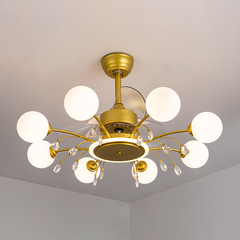 3 Blades Ball Living Room Pendant Fan Light White Glass Postmodern Remote Control Semi Flush Light with K9 Crystals 8.0 Gold Remote Clearhalo 'Ceiling Fans with Lights' 'Ceiling Fans' 'Modern Ceiling Fans' 'Modern' Lighting' 2477437