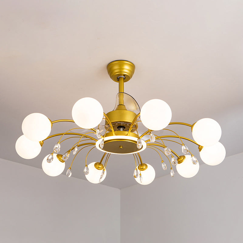 3 Blades Ball Living Room Pendant Fan Light White Glass Postmodern Remote Control Semi Flush Light with K9 Crystals 10.0 Gold Remote Clearhalo 'Ceiling Fans with Lights' 'Ceiling Fans' 'Modern Ceiling Fans' 'Modern' Lighting' 2477438