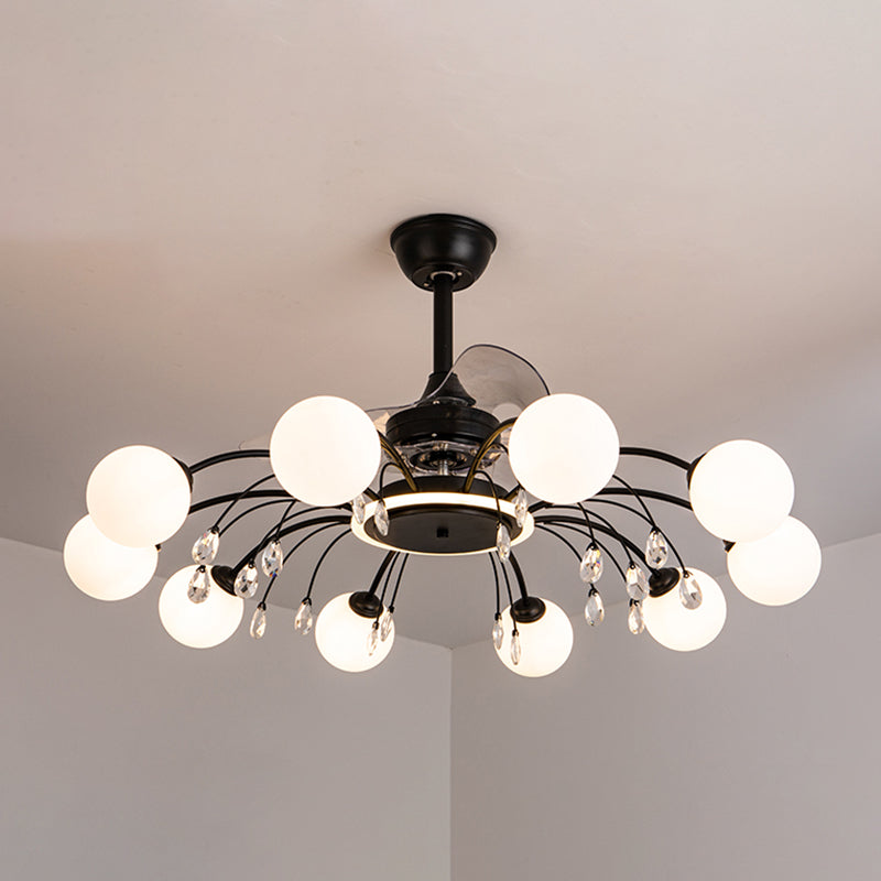 3 Blades Ball Living Room Pendant Fan Light White Glass Postmodern Remote Control Semi Flush Light with K9 Crystals 10.0 Black Remote Clearhalo 'Ceiling Fans with Lights' 'Ceiling Fans' 'Modern Ceiling Fans' 'Modern' Lighting' 2477442