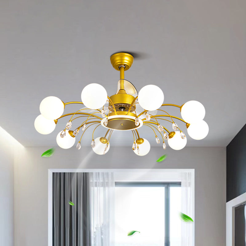 3 Blades Ball Living Room Pendant Fan Light White Glass Postmodern Remote Control Semi Flush Light with K9 Crystals Clearhalo 'Ceiling Fans with Lights' 'Ceiling Fans' 'Modern Ceiling Fans' 'Modern' Lighting' 2477443