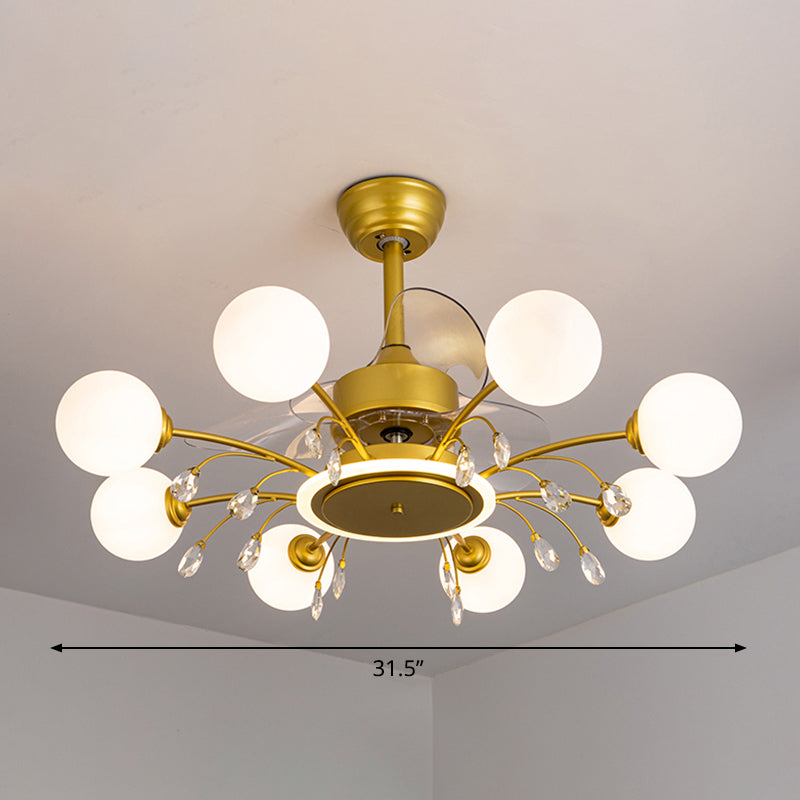 3 Blades Ball Living Room Pendant Fan Light White Glass Postmodern Remote Control Semi Flush Light with K9 Crystals Clearhalo 'Ceiling Fans with Lights' 'Ceiling Fans' 'Modern Ceiling Fans' 'Modern' Lighting' 2477445