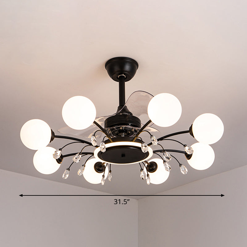 3 Blades Ball Living Room Pendant Fan Light White Glass Postmodern Remote Control Semi Flush Light with K9 Crystals Clearhalo 'Ceiling Fans with Lights' 'Ceiling Fans' 'Modern Ceiling Fans' 'Modern' Lighting' 2477447