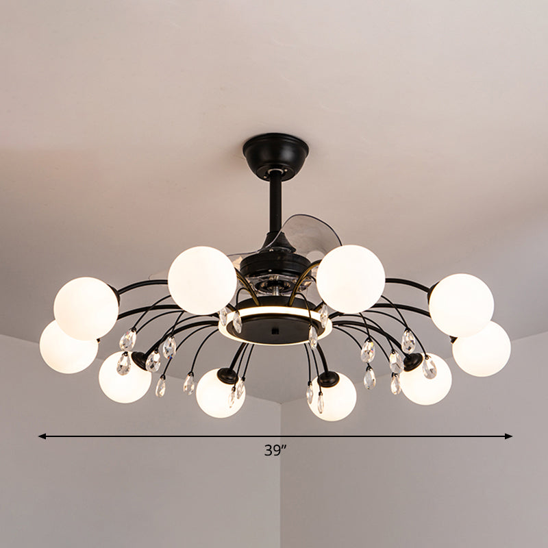 3 Blades Ball Living Room Pendant Fan Light White Glass Postmodern Remote Control Semi Flush Light with K9 Crystals Clearhalo 'Ceiling Fans with Lights' 'Ceiling Fans' 'Modern Ceiling Fans' 'Modern' Lighting' 2477448