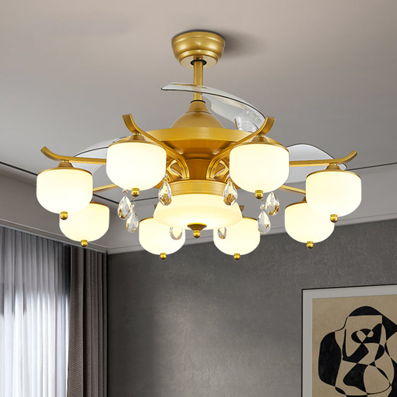 Postmodern Dome 3-Blade Ceiling Fan Lighting Fixture Milk Glass Living Room Semi-Flush Mount Light in Brass with Remote Clearhalo 'Ceiling Fans with Lights' 'Ceiling Fans' 'Modern Ceiling Fans' 'Modern' Lighting' 2477449