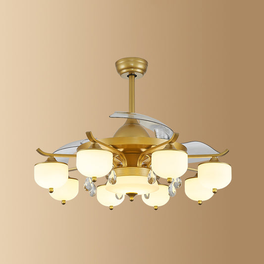 Postmodern Dome 3-Blade Ceiling Fan Lighting Fixture Milk Glass Living Room Semi-Flush Mount Light in Brass with Remote 9.0 Brass Remote Clearhalo 'Ceiling Fans with Lights' 'Ceiling Fans' 'Modern Ceiling Fans' 'Modern' Lighting' 2477450