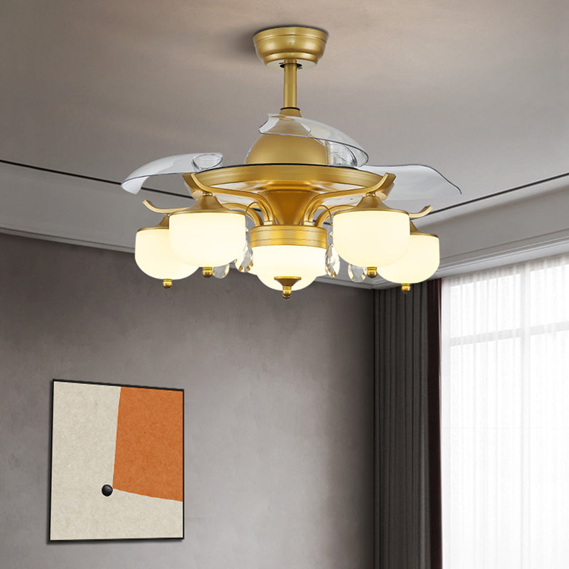 Postmodern Dome 3-Blade Ceiling Fan Lighting Fixture Milk Glass Living Room Semi-Flush Mount Light in Brass with Remote Clearhalo 'Ceiling Fans with Lights' 'Ceiling Fans' 'Modern Ceiling Fans' 'Modern' Lighting' 2477452
