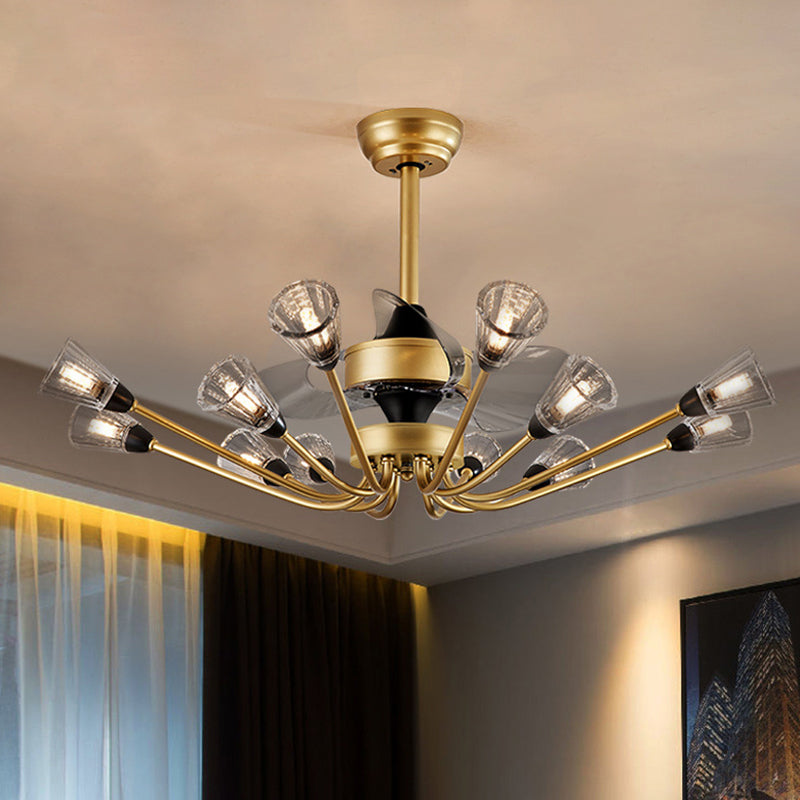 Prismatic Crystal Cone Semi Flush Mount Chandelier Postmodern Brass 3-Blade Hanging Fan Light with Remote Clearhalo 'Ceiling Fans with Lights' 'Ceiling Fans' 'Modern Ceiling Fans' 'Modern' Lighting' 2477456