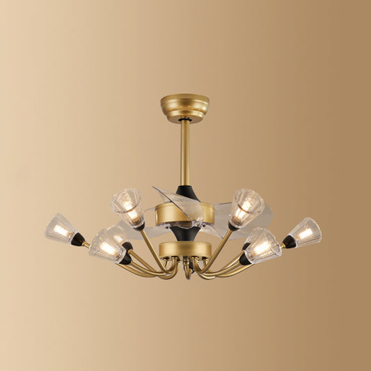 Prismatic Crystal Cone Semi Flush Mount Chandelier Postmodern Brass 3-Blade Hanging Fan Light with Remote 9.0 Brass Remote Clearhalo 'Ceiling Fans with Lights' 'Ceiling Fans' 'Modern Ceiling Fans' 'Modern' Lighting' 2477457