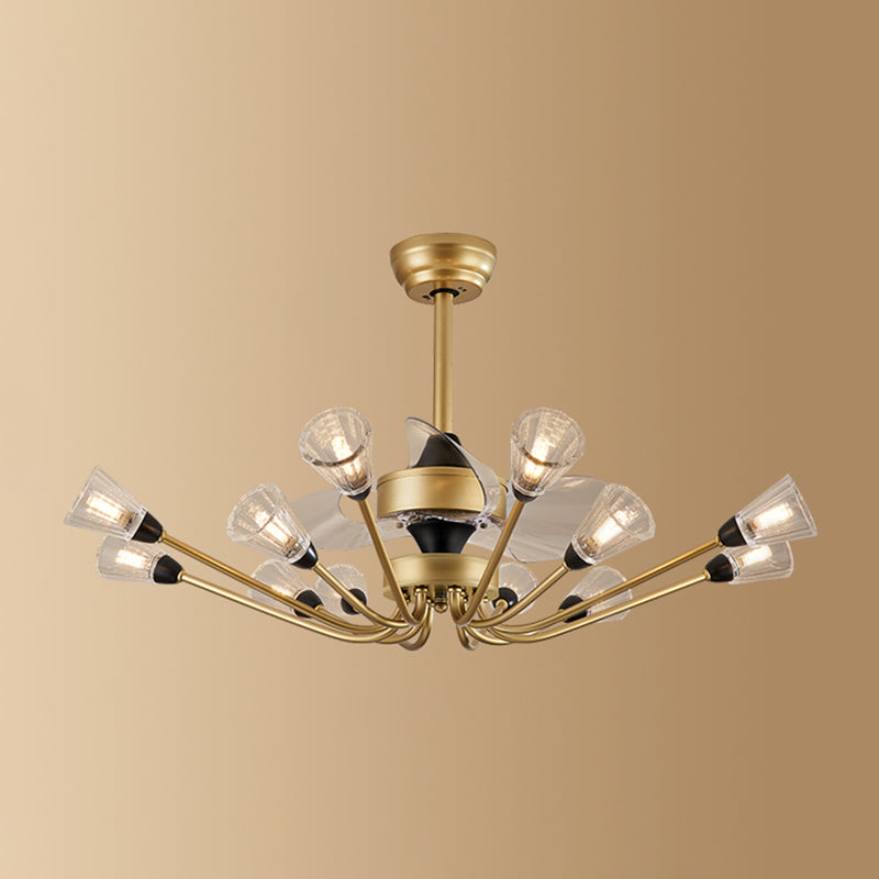Prismatic Crystal Cone Semi Flush Mount Chandelier Postmodern Brass 3-Blade Hanging Fan Light with Remote 12.0 Brass Remote Clearhalo 'Ceiling Fans with Lights' 'Ceiling Fans' 'Modern Ceiling Fans' 'Modern' Lighting' 2477458