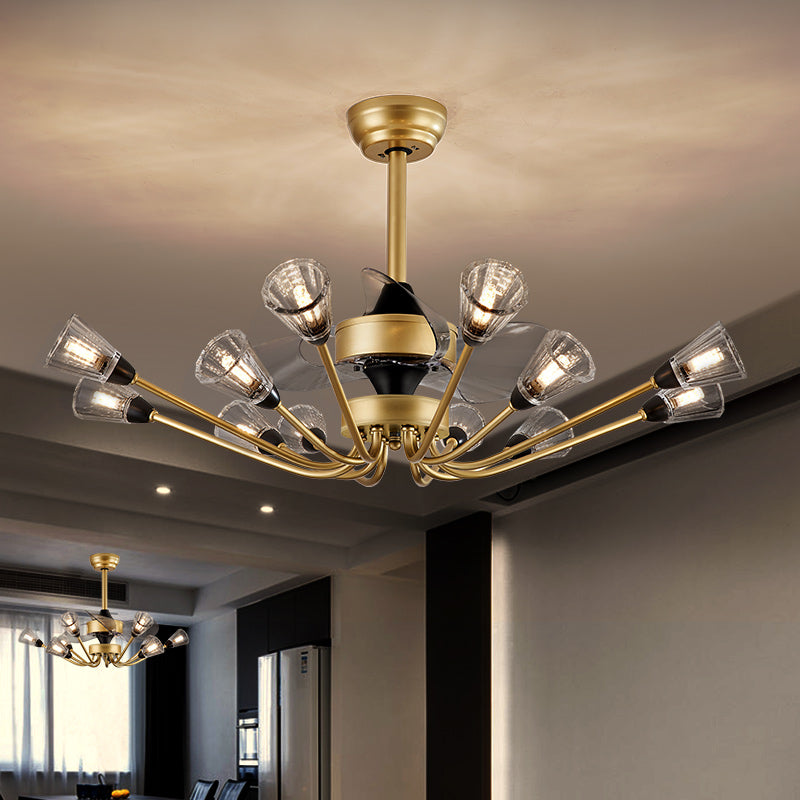 Prismatic Crystal Cone Semi Flush Mount Chandelier Postmodern Brass 3-Blade Hanging Fan Light with Remote Clearhalo 'Ceiling Fans with Lights' 'Ceiling Fans' 'Modern Ceiling Fans' 'Modern' Lighting' 2477459