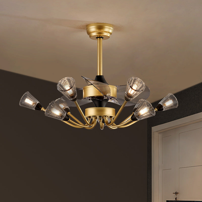 Prismatic Crystal Cone Semi Flush Mount Chandelier Postmodern Brass 3-Blade Hanging Fan Light with Remote Clearhalo 'Ceiling Fans with Lights' 'Ceiling Fans' 'Modern Ceiling Fans' 'Modern' Lighting' 2477460