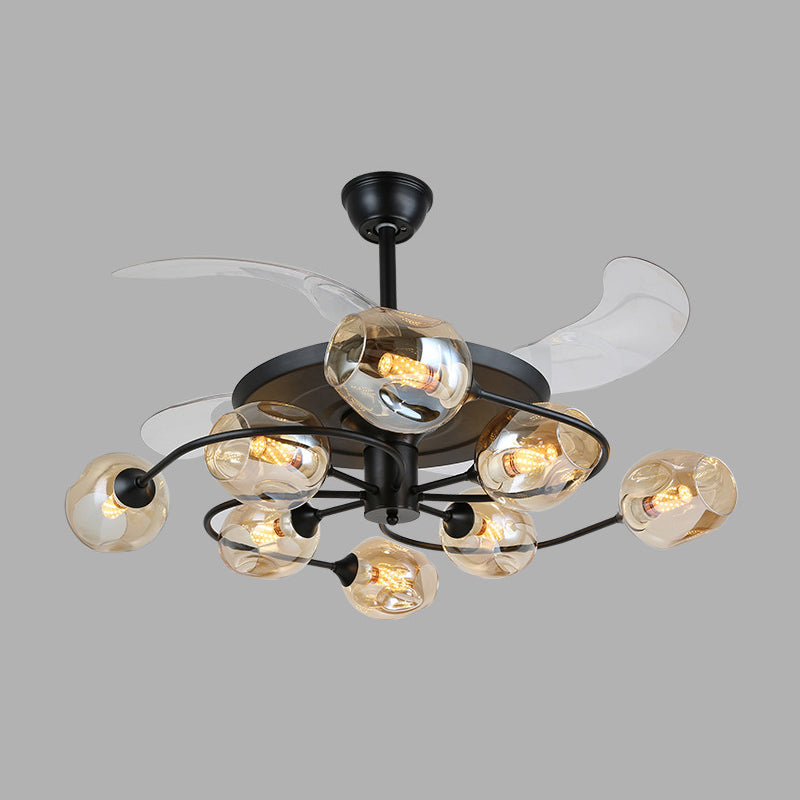 42" W 4-Blade Retro Ceiling Fan Lighting Floral Swirl Remote Control Semi-Flush Light with Cup Glass Shade 8.0 Amber Remote Clearhalo 'Ceiling Fans with Lights' 'Ceiling Fans' 'Modern Ceiling Fans' 'Modern' Lighting' 2477466