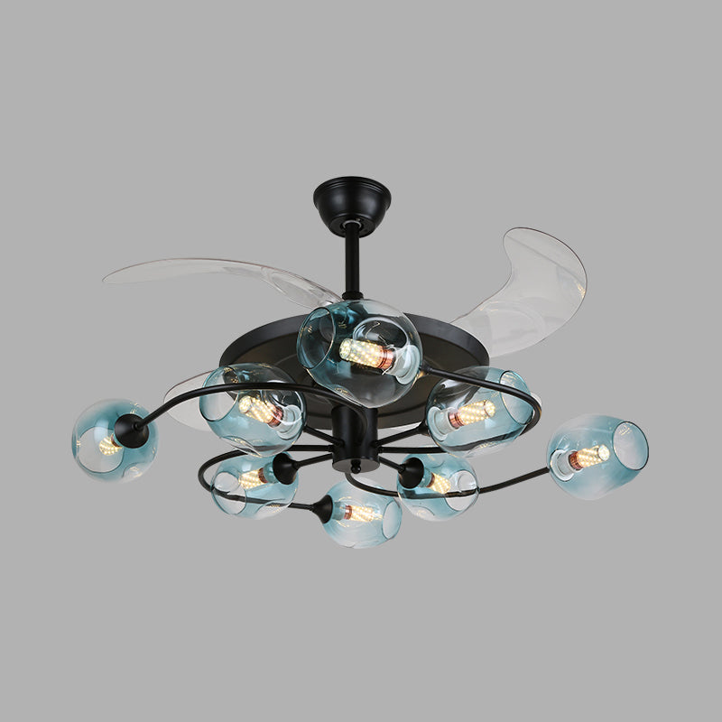 42" W 4-Blade Retro Ceiling Fan Lighting Floral Swirl Remote Control Semi-Flush Light with Cup Glass Shade 8.0 Blue Remote Clearhalo 'Ceiling Fans with Lights' 'Ceiling Fans' 'Modern Ceiling Fans' 'Modern' Lighting' 2477467