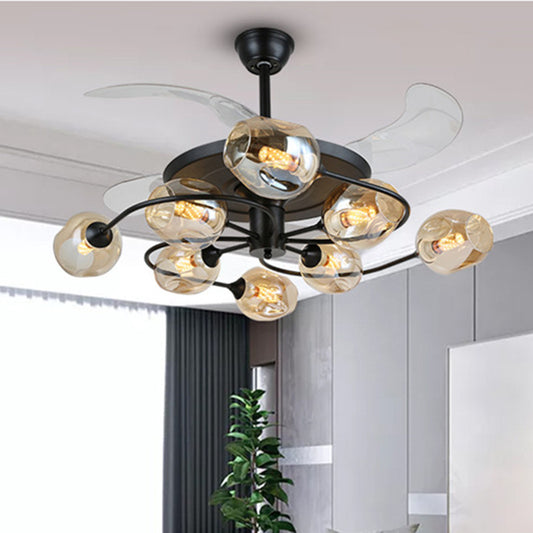 42" W 4-Blade Retro Ceiling Fan Lighting Floral Swirl Remote Control Semi-Flush Light with Cup Glass Shade Clearhalo 'Ceiling Fans with Lights' 'Ceiling Fans' 'Modern Ceiling Fans' 'Modern' Lighting' 2477470