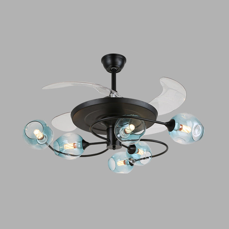 42" W 4-Blade Retro Ceiling Fan Lighting Floral Swirl Remote Control Semi-Flush Light with Cup Glass Shade 6.0 Blue Remote Clearhalo 'Ceiling Fans with Lights' 'Ceiling Fans' 'Modern Ceiling Fans' 'Modern' Lighting' 2477471