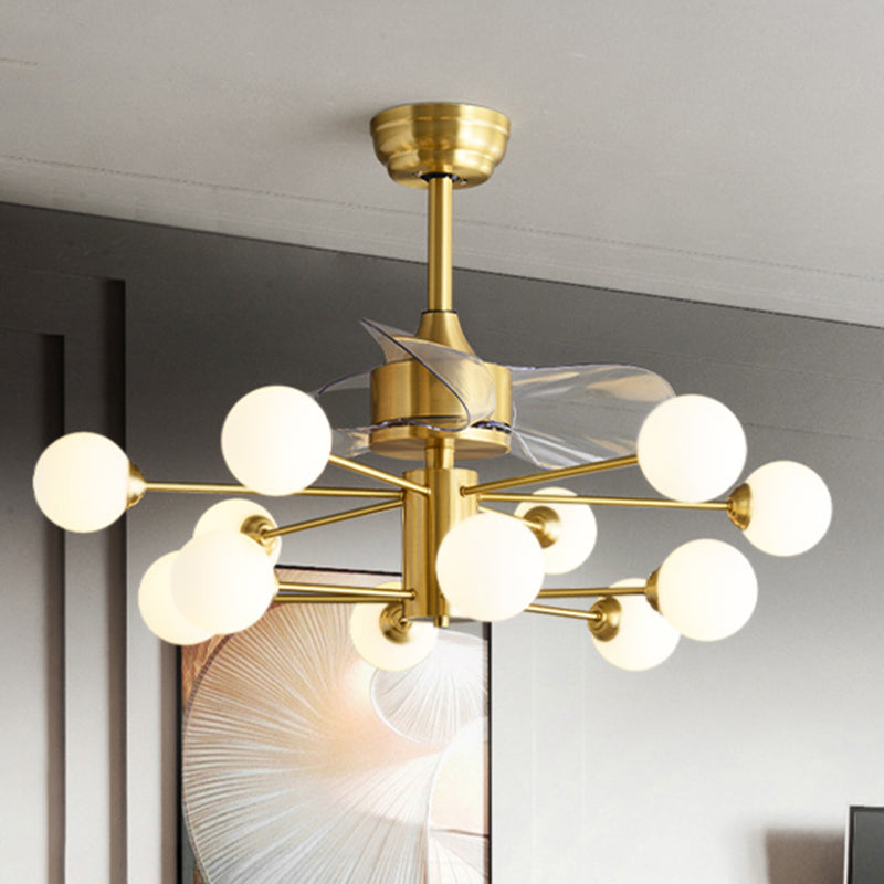 Brass Sputnik 3 Blades Pendant Fan Lamp Mid-Century 12-Light 38.5" Wide Ivory Glass Semi Flush Mount Fixture with Remote Brass Remote Clearhalo 'Ceiling Fans with Lights' 'Ceiling Fans' 'Modern Ceiling Fans' 'Modern' Lighting' 2477474