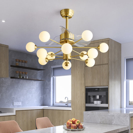 Brass Sputnik 3 Blades Pendant Fan Lamp Mid-Century 12-Light 38.5" Wide Ivory Glass Semi Flush Mount Fixture with Remote Clearhalo 'Ceiling Fans with Lights' 'Ceiling Fans' 'Modern Ceiling Fans' 'Modern' Lighting' 2477475