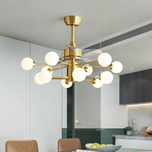 Brass Sputnik 3 Blades Pendant Fan Lamp Mid-Century 12-Light 38.5" Wide Ivory Glass Semi Flush Mount Fixture with Remote Clearhalo 'Ceiling Fans with Lights' 'Ceiling Fans' 'Modern Ceiling Fans' 'Modern' Lighting' 2477476