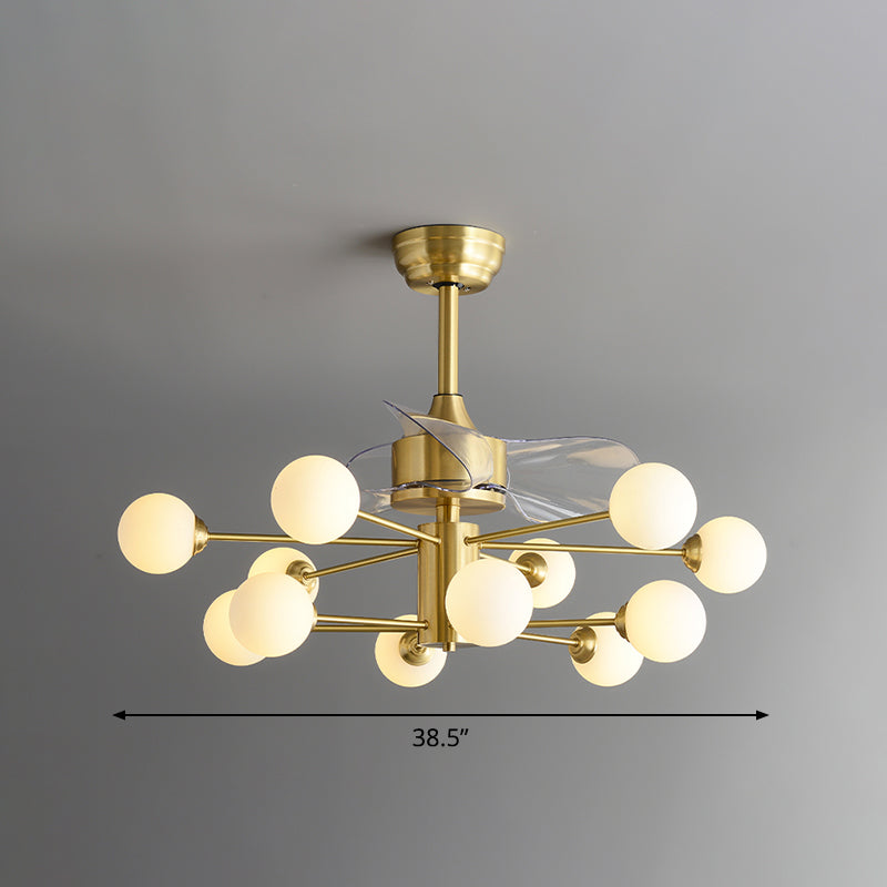 Brass Sputnik 3 Blades Pendant Fan Lamp Mid-Century 12-Light 38.5" Wide Ivory Glass Semi Flush Mount Fixture with Remote Clearhalo 'Ceiling Fans with Lights' 'Ceiling Fans' 'Modern Ceiling Fans' 'Modern' Lighting' 2477479