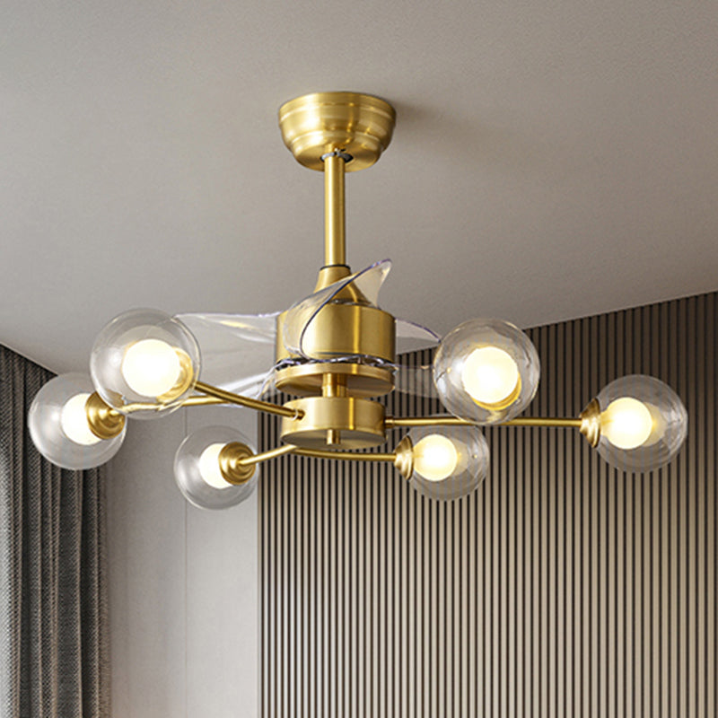 39.5" Wide Dual Glass Ball Fan Light Fixture Simplicity Brass Remote Control Semi Flush Mount Light, 3-Blade Clearhalo 'Ceiling Fans with Lights' 'Ceiling Fans' 'Modern Ceiling Fans' 'Modern' Lighting' 2477480