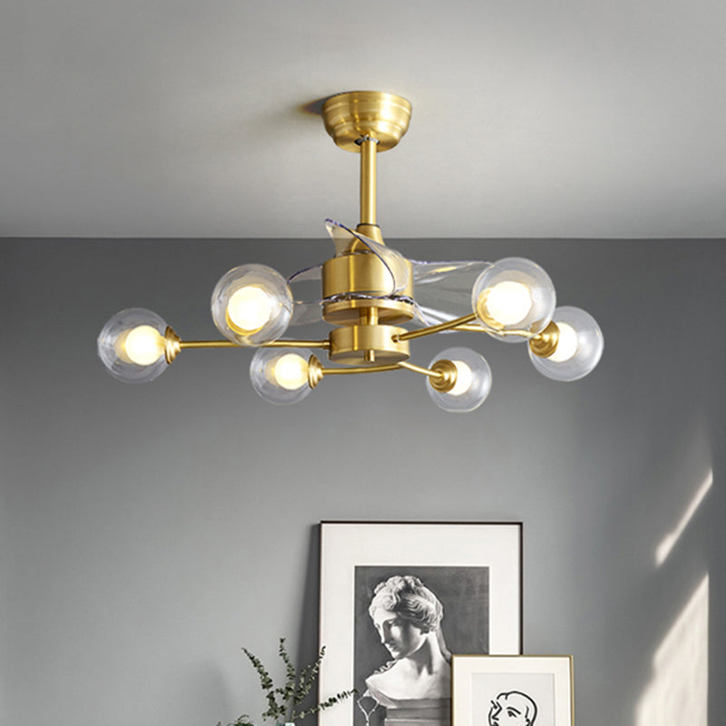 39.5" Wide Dual Glass Ball Fan Light Fixture Simplicity Brass Remote Control Semi Flush Mount Light, 3-Blade Clearhalo 'Ceiling Fans with Lights' 'Ceiling Fans' 'Modern Ceiling Fans' 'Modern' Lighting' 2477482