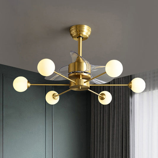 34" W Opaline Glass Ball Semi Flush Mount Lighting Postmodern Brass Remote Control Ceiling Fan Light with 3 Blades Clearhalo 'Ceiling Fans with Lights' 'Ceiling Fans' 'Modern Ceiling Fans' 'Modern' Lighting' 2477493