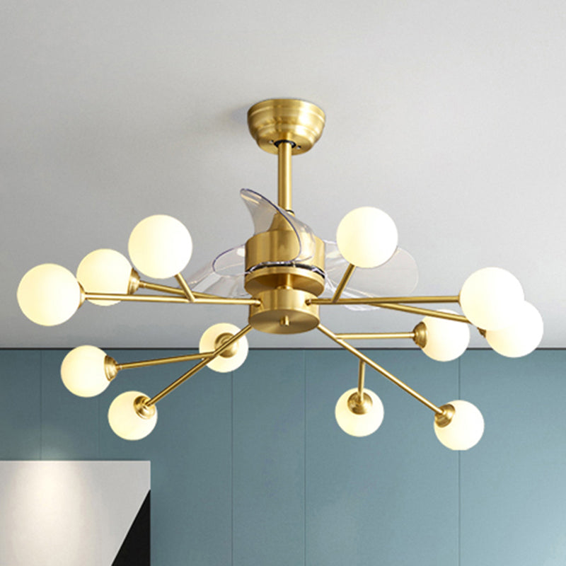 Tree Branch 3-Blade Pendant Fan Lighting Minimalist Ball Glass Dining Room Remote Semi Flush Light in Brass, 36.5" W Clearhalo 'Ceiling Fans with Lights' 'Ceiling Fans' 'Modern Ceiling Fans' 'Modern' Lighting' 2477500