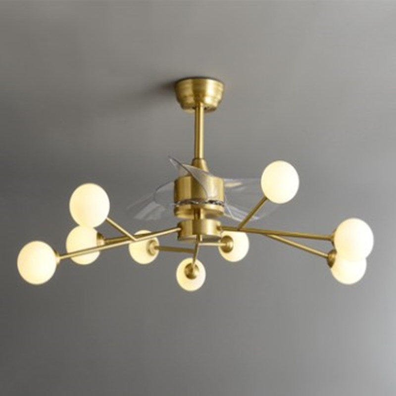 Tree Branch 3-Blade Pendant Fan Lighting Minimalist Ball Glass Dining Room Remote Semi Flush Light in Brass, 36.5" W 9.0 Brass Remote Clearhalo 'Ceiling Fans with Lights' 'Ceiling Fans' 'Modern Ceiling Fans' 'Modern' Lighting' 2477501