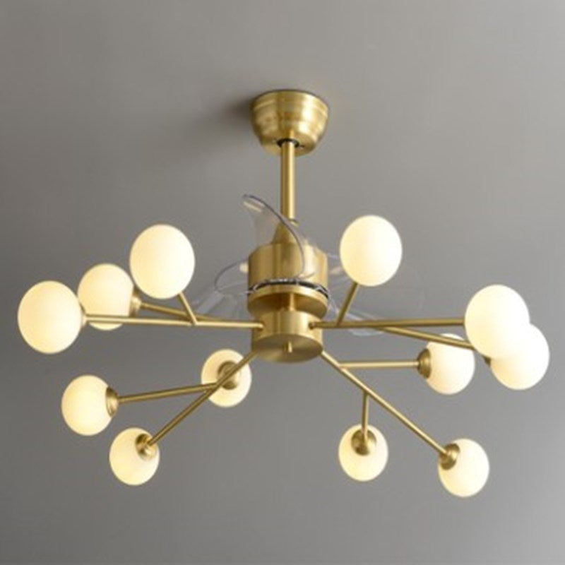 Tree Branch 3-Blade Pendant Fan Lighting Minimalist Ball Glass Dining Room Remote Semi Flush Light in Brass, 36.5" W 12.0 Brass Remote Clearhalo 'Ceiling Fans with Lights' 'Ceiling Fans' 'Modern Ceiling Fans' 'Modern' Lighting' 2477502