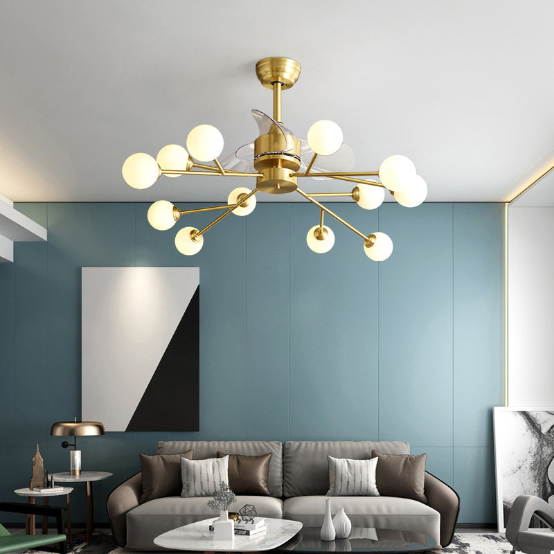 Tree Branch 3-Blade Pendant Fan Lighting Minimalist Ball Glass Dining Room Remote Semi Flush Light in Brass, 36.5" W Clearhalo 'Ceiling Fans with Lights' 'Ceiling Fans' 'Modern Ceiling Fans' 'Modern' Lighting' 2477503