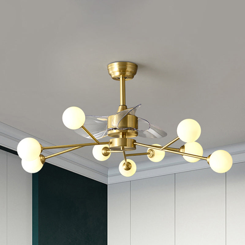 Tree Branch 3-Blade Pendant Fan Lighting Minimalist Ball Glass Dining Room Remote Semi Flush Light in Brass, 36.5" W Clearhalo 'Ceiling Fans with Lights' 'Ceiling Fans' 'Modern Ceiling Fans' 'Modern' Lighting' 2477504