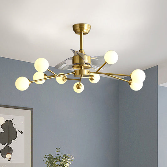 Tree Branch 3-Blade Pendant Fan Lighting Minimalist Ball Glass Dining Room Remote Semi Flush Light in Brass, 36.5" W Clearhalo 'Ceiling Fans with Lights' 'Ceiling Fans' 'Modern Ceiling Fans' 'Modern' Lighting' 2477506