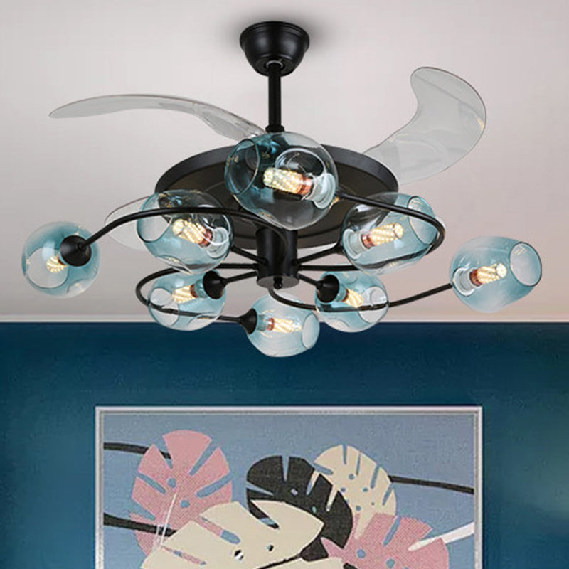 4 Blades Bedroom Hanging Fan Lamp Postmodern Remote Control Semi Flush Mount Light with Cup Glass Shade, 42 Inches Wide 8.0 Blue Remote Clearhalo 'Ceiling Fans with Lights' 'Ceiling Fans' 'Modern Ceiling Fans' 'Modern' Lighting' 2477512