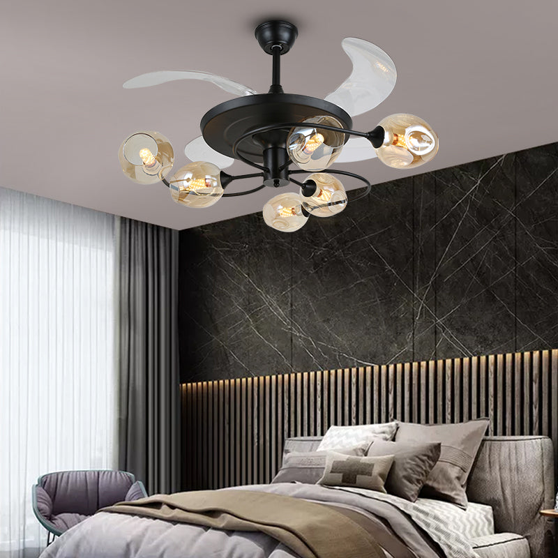 4 Blades Bedroom Hanging Fan Lamp Postmodern Remote Control Semi Flush Mount Light with Cup Glass Shade, 42 Inches Wide 6.0 Tan Remote Clearhalo 'Ceiling Fans with Lights' 'Ceiling Fans' 'Modern Ceiling Fans' 'Modern' Lighting' 2477515