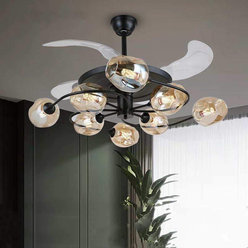 4 Blades Bedroom Hanging Fan Lamp Postmodern Remote Control Semi Flush Mount Light with Cup Glass Shade, 42 Inches Wide 8.0 Tan Remote Clearhalo 'Ceiling Fans with Lights' 'Ceiling Fans' 'Modern Ceiling Fans' 'Modern' Lighting' 2477516