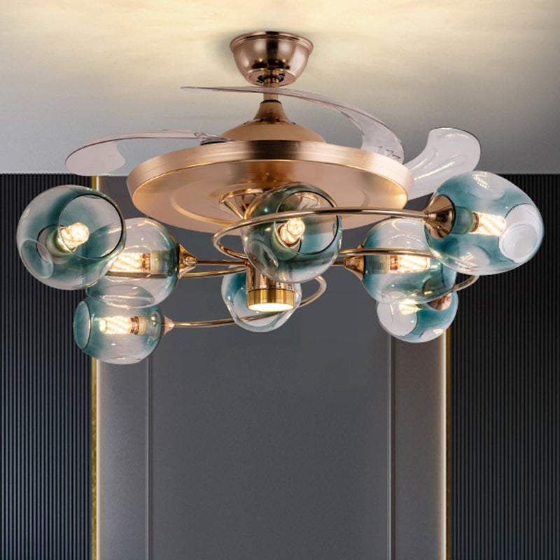 3 Blades Dimpled Glass Cup Pendant Fan Light Vintage 8-Bulb Remote Semi-Flush Ceiling Light Clearhalo 'Ceiling Fans with Lights' 'Ceiling Fans' 'Modern Ceiling Fans' 'Modern' Lighting' 2477526